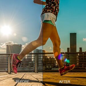 This image shows Lightroom cityscape preset woman jogging with skyline in the background