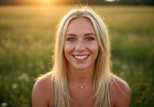 Outdoor Portrait Photography Tips - A vibrant golden hour portrait of a smiling woman standing in a field with soft sunlight