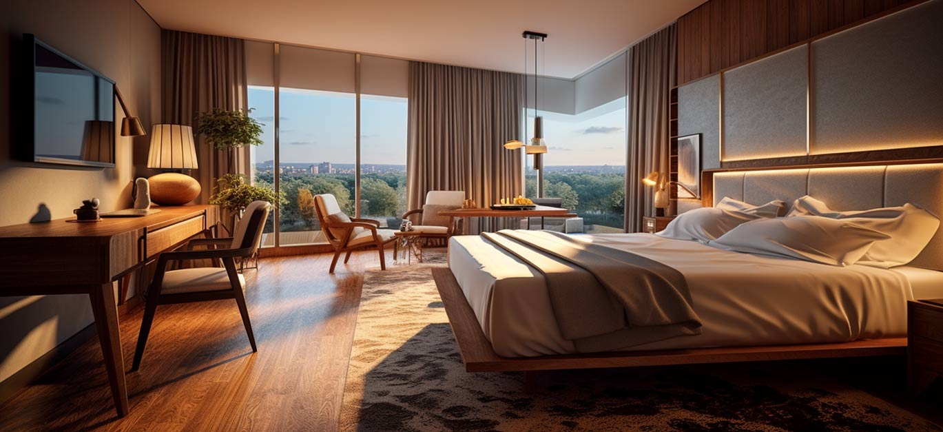 hotel photography banner, showing a hotel room with large window overlooking the skyline