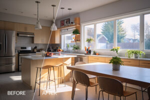 Before- after real estate preset image example, kitchen dining room early morning photo