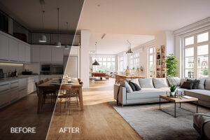 Before- after real estate preset image example, wide-angle photo of a open space apartment