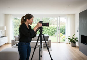 real estate photograph composition - real estate photographer demonstrating composition techniques in modern living room