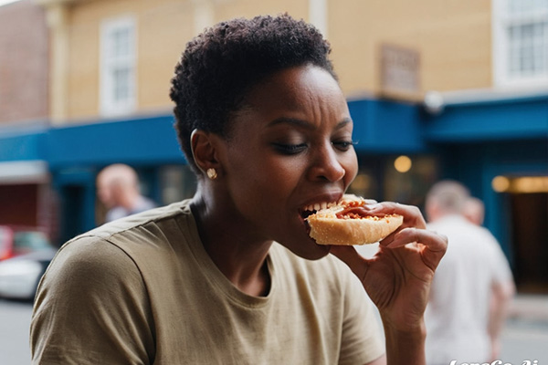 A candid shot of a person enjoying a bite, with a focus on their expression.