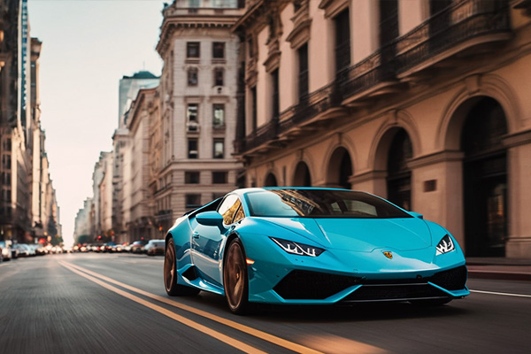 A photograph of a Lamborghini Huracan cruising through a vibrant cityscape 