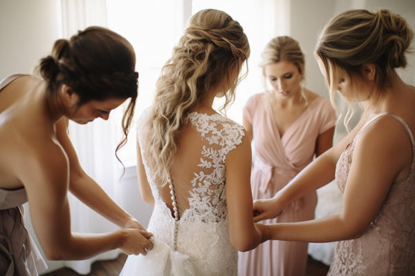 A bride getting ready with her bridesmaids helping her.