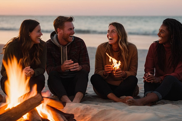A group of friends laughing around a bonfire on the beach, with the gentle glow of the flames illuminating their faces.