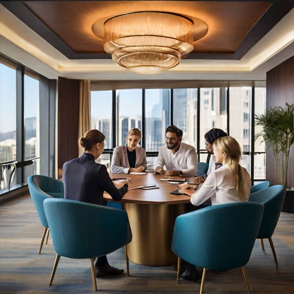 Marketing professionals discussing luxury hotel marketing strategies in a boardroom.