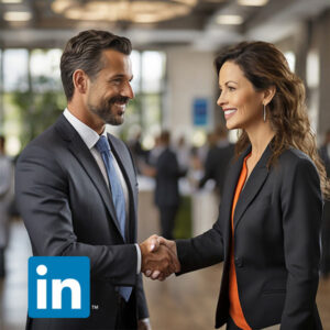Real Estate LinkedIn Networking Strategies, Real estate professionals networking at a bustling event, building valuable connections.