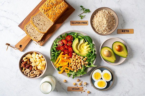 Assorted dietary-specific foods for dietary food hashtags