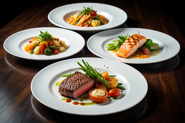 plates demonstrating different food plating compositions using rule of thirds and negative space