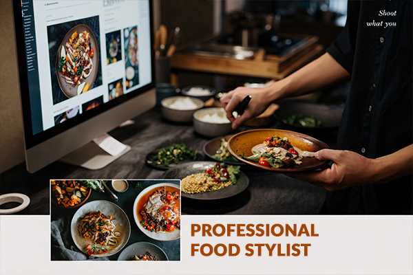 Professional food stylist workspace with portfolio, computer, and styled dishes showing career aspects