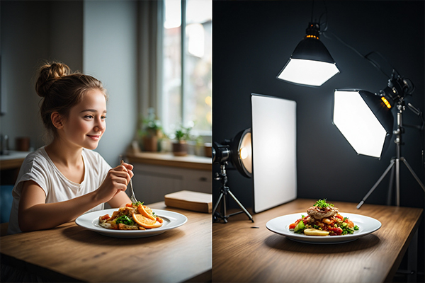 Split image showing same dish under natural window light versus artificial studio lighting setup