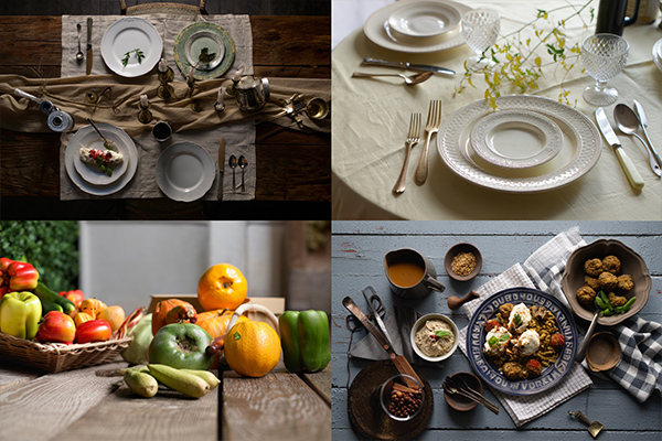 Four different food styling setups showing rustic, elegant, fresh, and comfort food atmospheres