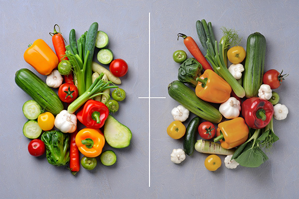 Side by side comparison of fresh styled vegetables versus unstyled wilted vegetables
