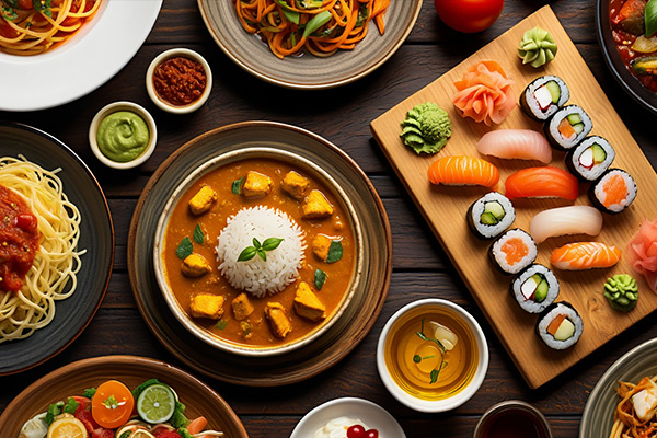 Assorted international dishes representing various cuisine hashtags