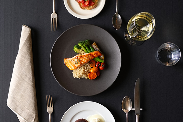 Flat lay of a complete meal setup for meal hashtags