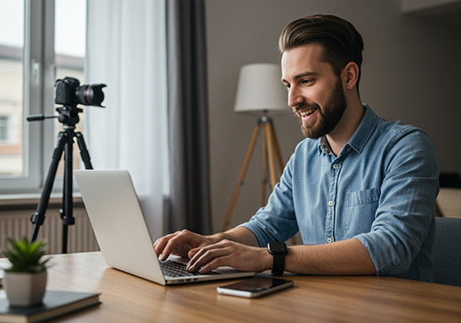 a real estate photographer working with Lightroom on his laptop, optimizing listing photos