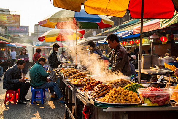 Bustling street food market scene for street food hashtag