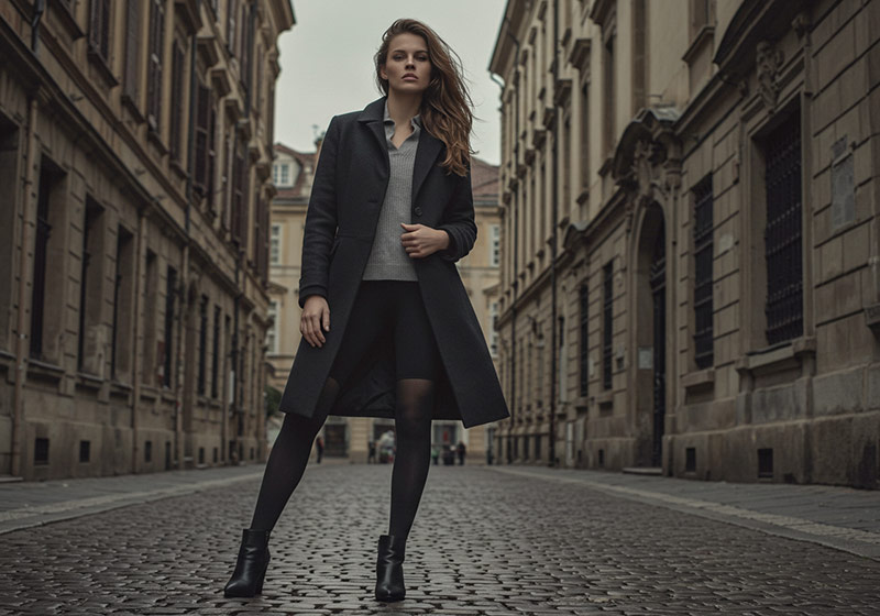 Before - a fashion model posing on a street with historic buildings in the background