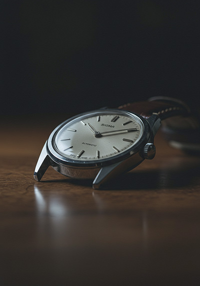 Before - a vintage wristwatch resting on a wooden table