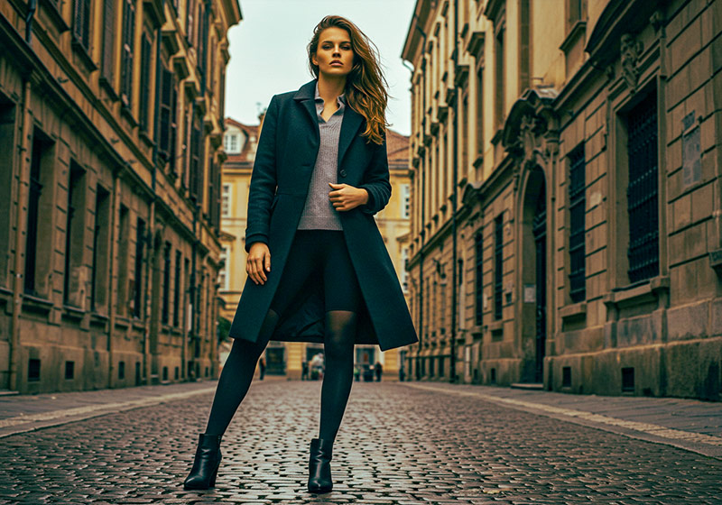 After - a fashion model posing on a street with historic buildings in the background