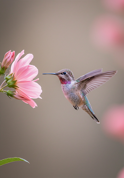 A photo of a pastel-hued hummingbird hovering near a pale pink flower