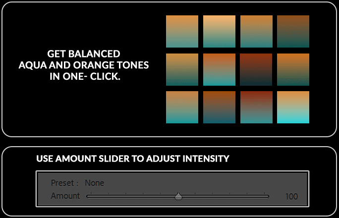 the 12 aqua orange tone color palette and the intensity slider in Lightroom