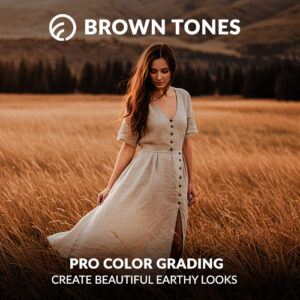 Brown tone Presets for Lightroom, woman in a long linen dress standing still in tall dry grass with mountains in the background