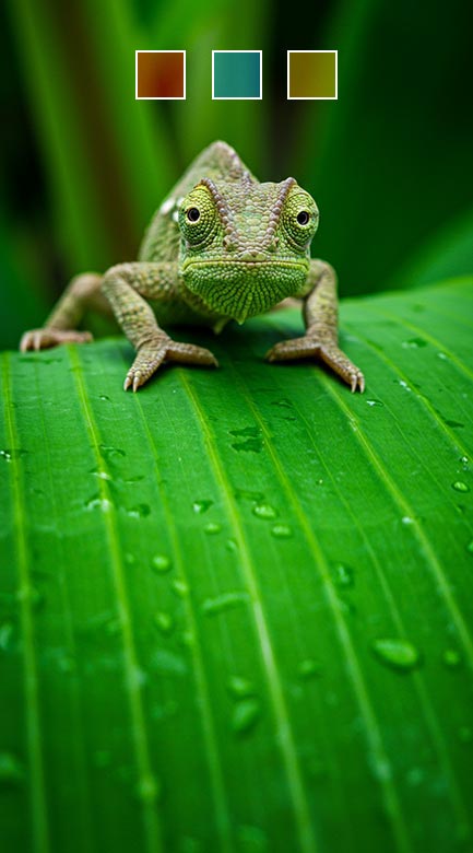 Color presets for professional color grading in Lightroom, shows a color graded image of a chameleon on a leaf.