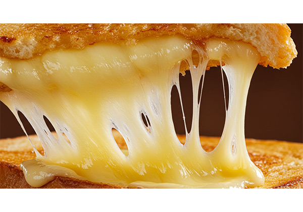 Close-up food photography showing melted cheese stretching from grilled sandwich
