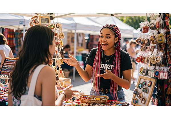 Documentary portrait photography showing authentic moment of street vendor at market without posed elements