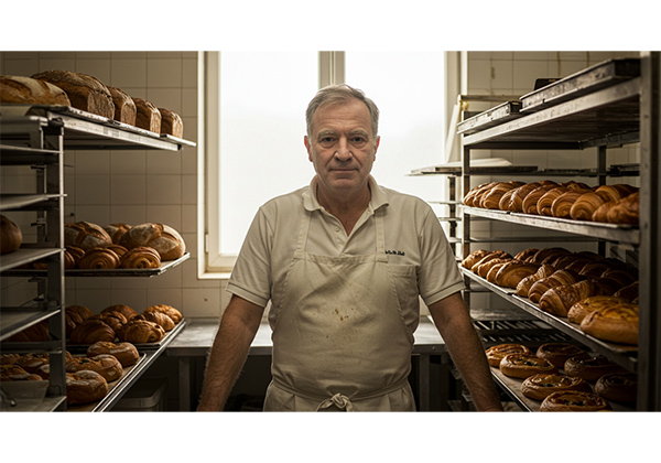 Environmental portrait of professional baker in commercial kitchen showing storytelling through location and context