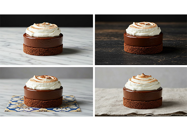 Chocolate dessert photographed on four different backgrounds showing impact on food photography composition
