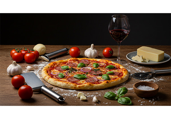 Food photography showing proper use of props and layering around homemade pizza