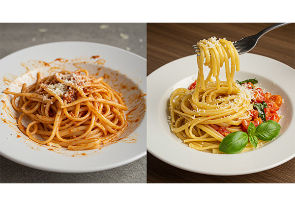 Food styling comparison showing unstyled versus professionally styled pasta dish for Instagram
