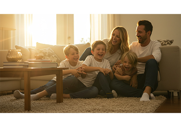 Lifestyle family portrait photography showing natural interactions and golden hour lighting in home environment