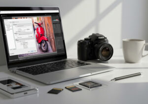 Export Lightroom Photos - Lightroom Classic on a laptop screen showing photo export in a modern workspace