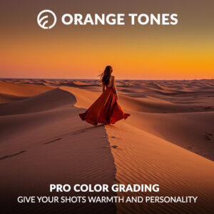orange tone presets for Lightroom, image shows a woman in a red dress in desert with sand dunes at sunset