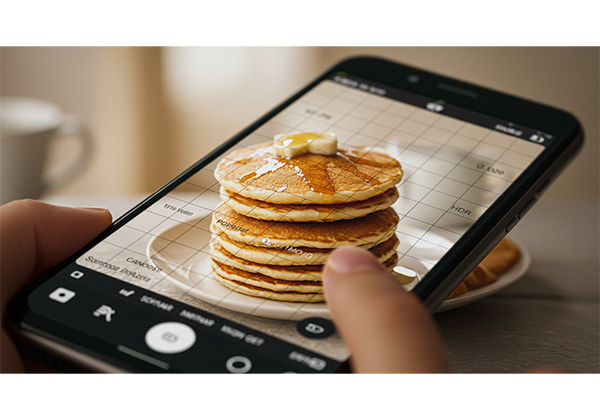 Smartphone camera settings for food photography showing grid lines and HDR mode enabled
