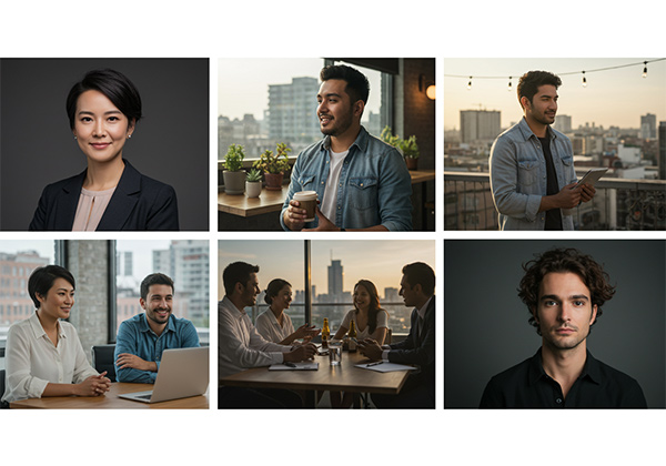 Portrait photography portfolio examples showing diverse styles from studio headshots to environmental and lifestyle portraits