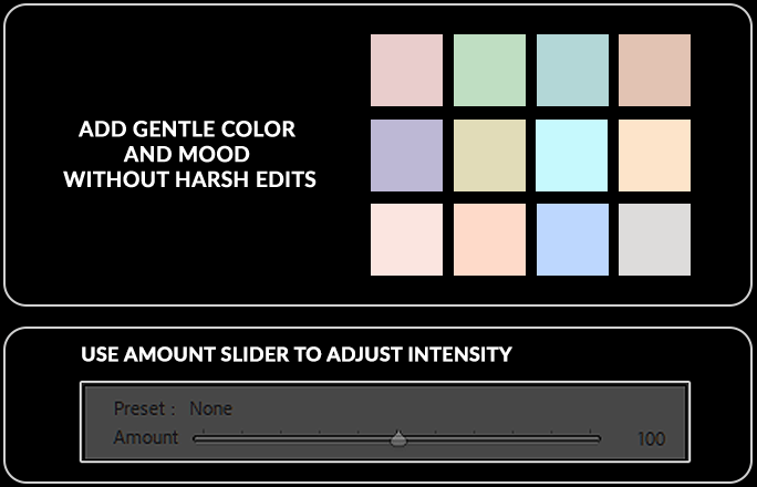 the 12 soft pastel tone color palette and the intensity slider in Lightroom