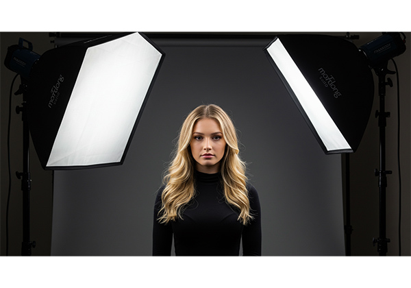 Traditional studio portrait lighting setup with three-point lighting system showing key light fill light and background light