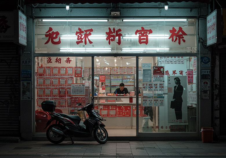 before - front shot of a small Japanese store at night