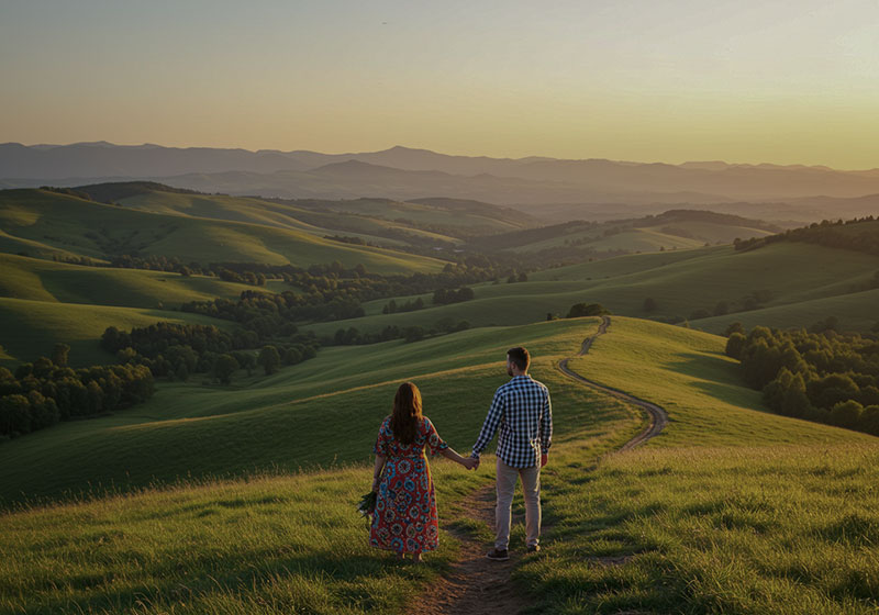 before - couple standing hand-in-hand on a grassy hill