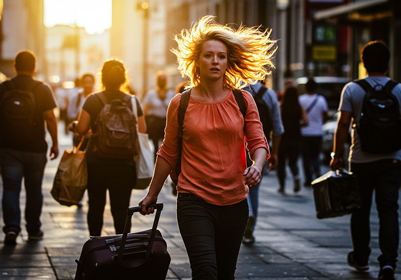 with preset - candid shot woman rushing on the sidewalk