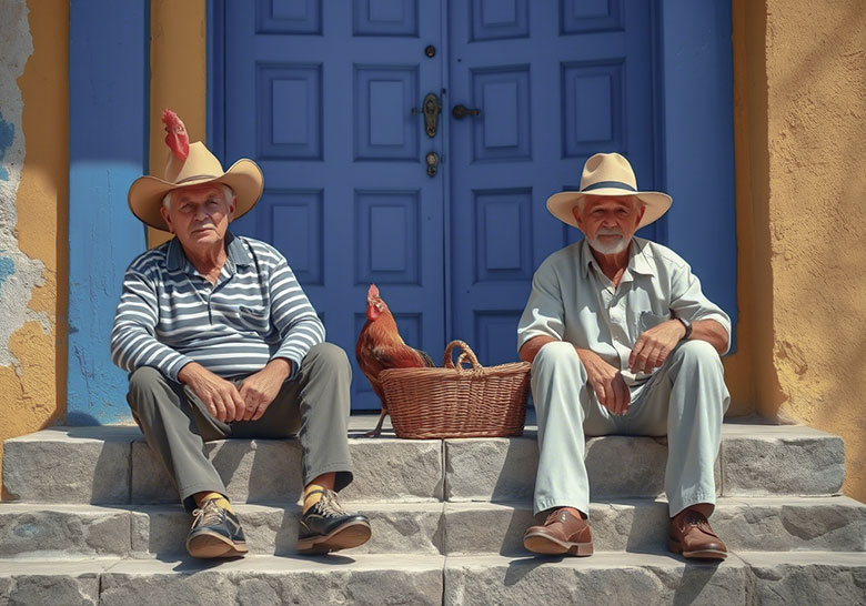 before - two elderly Mexican men sitting on steps at midday