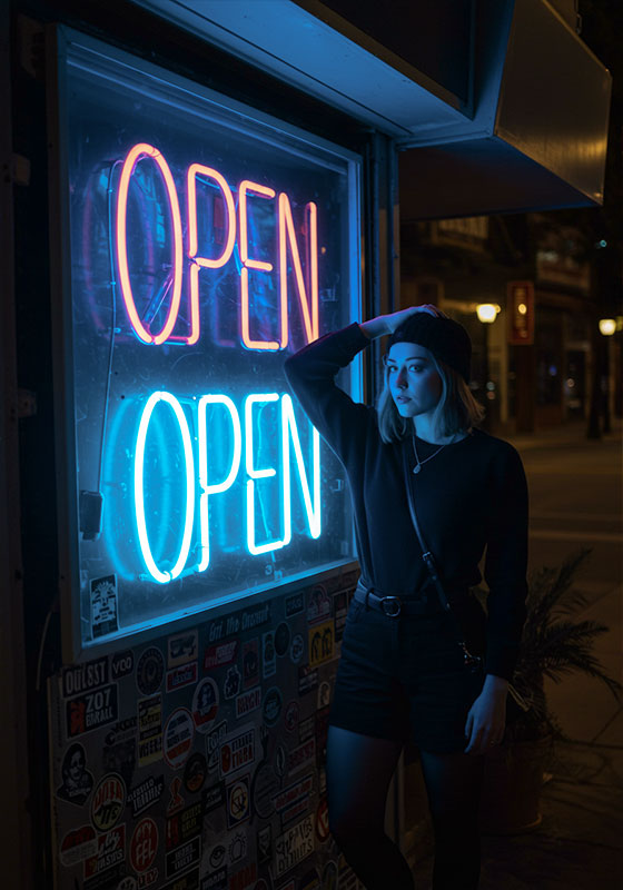 before- a woman standing near a OPEN neon sign