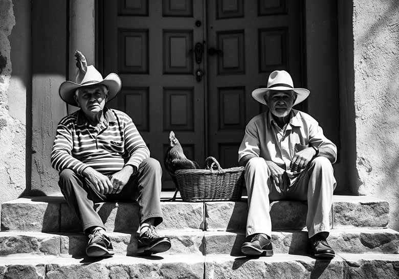 with preset - two elderly Mexican men sitting on steps at midday