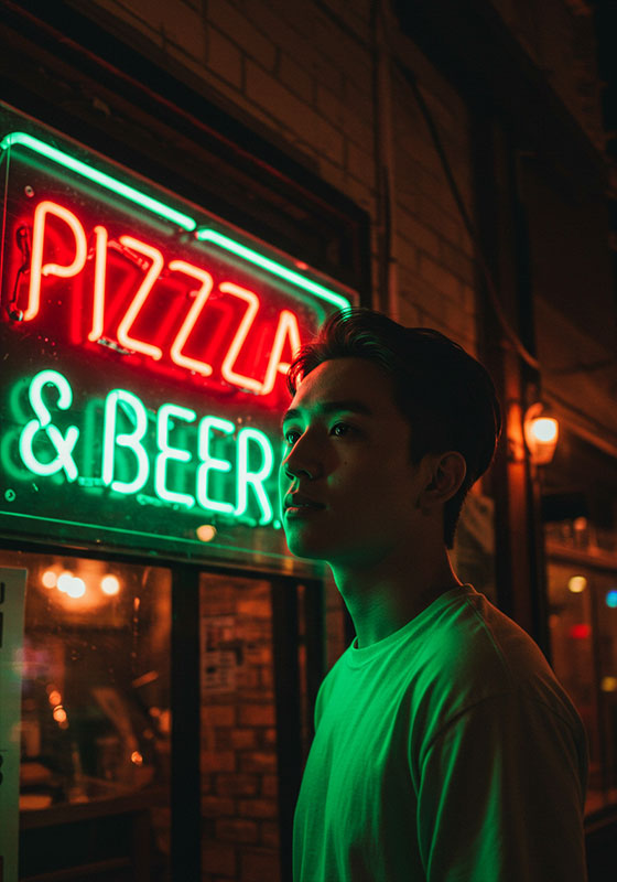before - a neon sign PIZZA and BEER