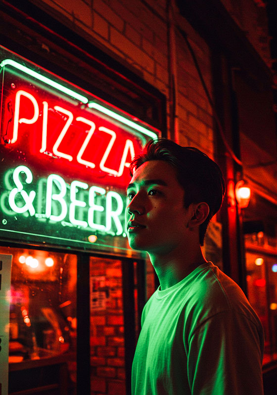 with preset - a neon sign PIZZA and BEER